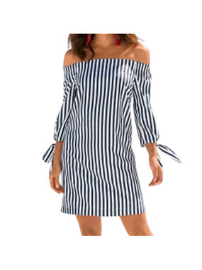 Boston Proper Womens XL Off The Shoulder Mini Dress Stripe Nautical Coastal NEW